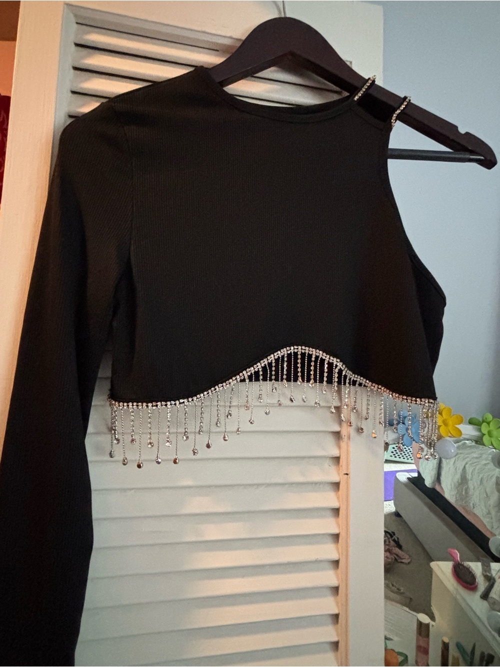 Black One-Shoulder Crop Top with Rhinestone Fringe and Shoulder Detail